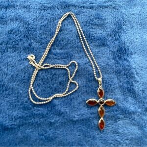 Vintage Baltic Amber Pendant Cross in Sterling Silver Necklace With Chain